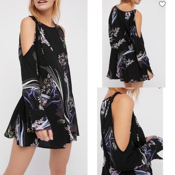 Free People Clear Skies Tunic Top Mini Dress Cold Shoulder Floral Small Black - Picture 1 of 12